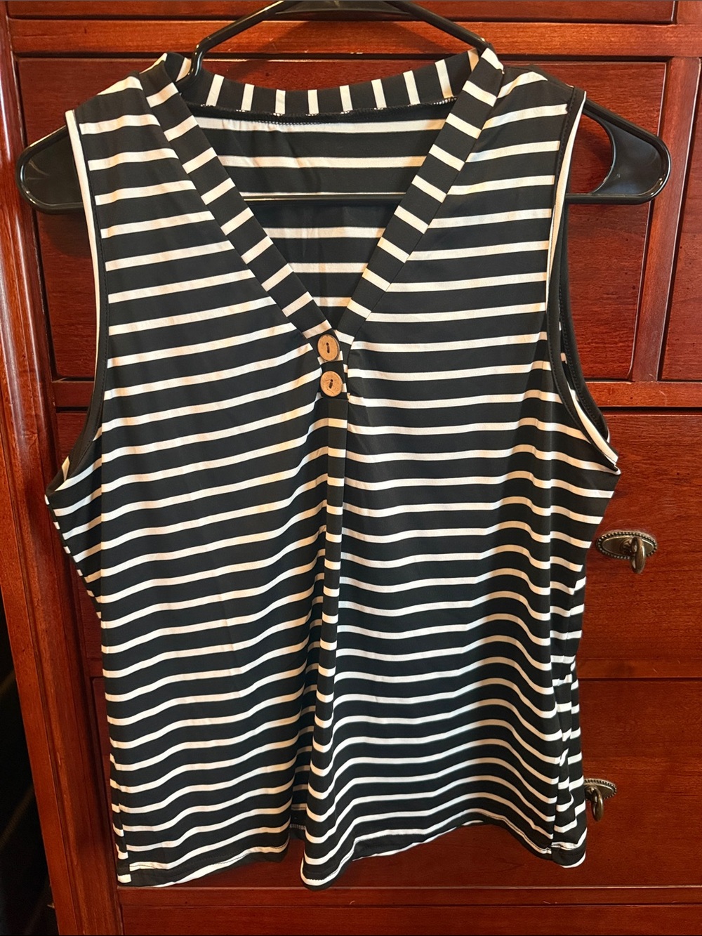 SHEIN Black and White Striped V-Neck Tank with Button Accents